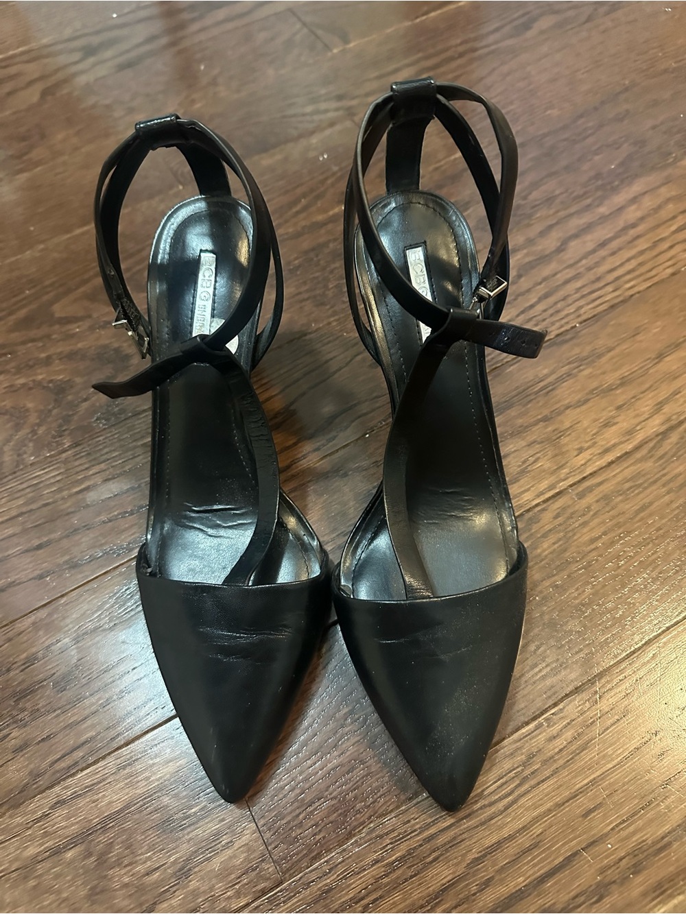 BCBGeneration Black Pointed-Toe Strappy Ankle Pumps